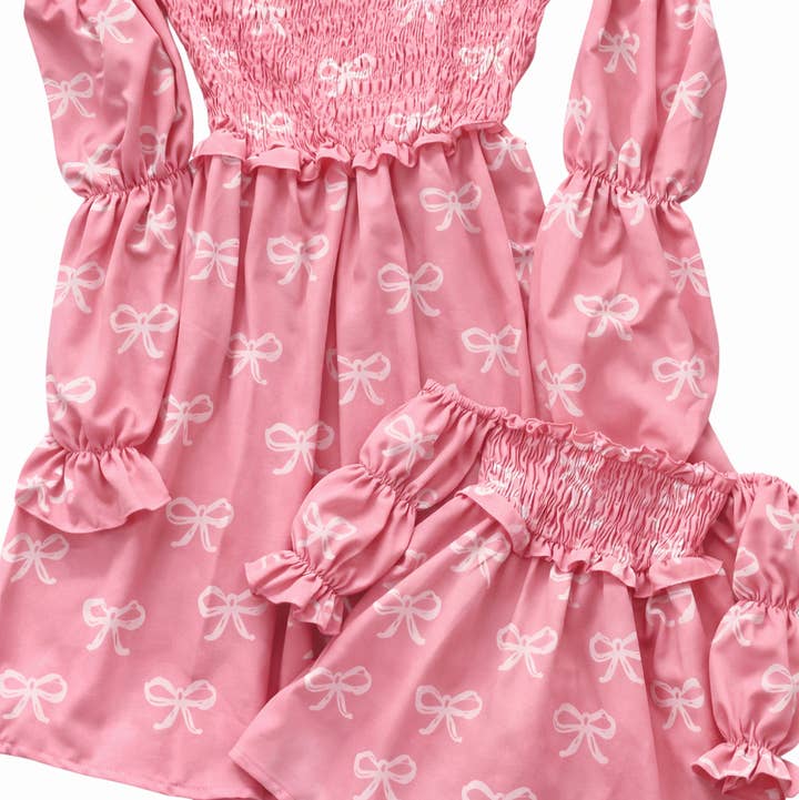 Bailey's Blossoms - Wholesale Dress - Kids - Calliope Puff Sleeve Off Shoulder Dress - Pink Bows0