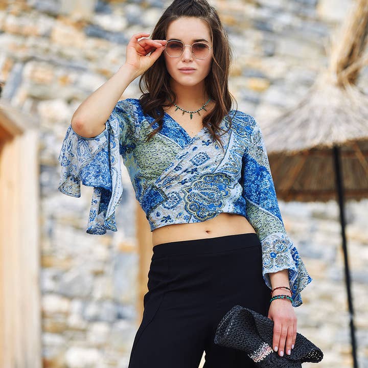 Blue Patterned Gypsy Style Bell Sleeve Crop Top for wholesale by Los Banditos