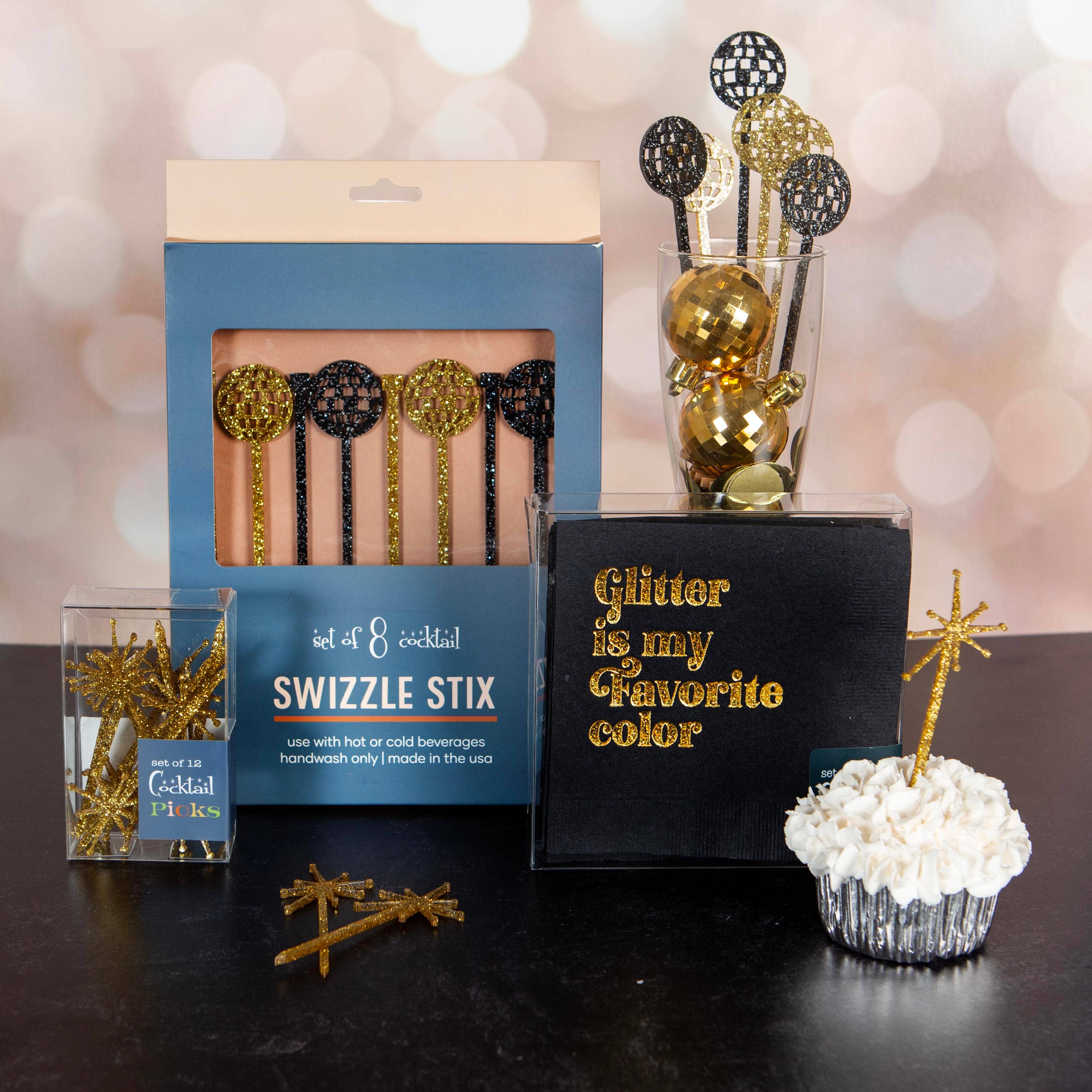 Mod Lounge Paper Company - Wholesale Drink Stirrer - Disco Ball Gold and Black Acrylic Drink Stirrer Swizzle Stix3