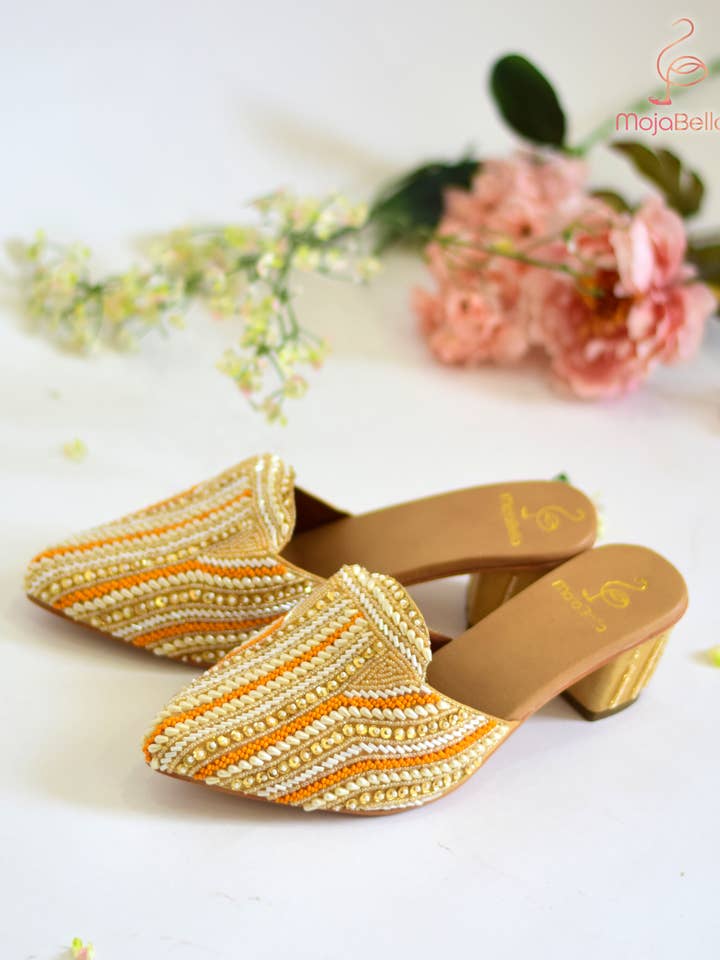 Orange Gold Gul Block Heel Mules for wholesale by Mojabella