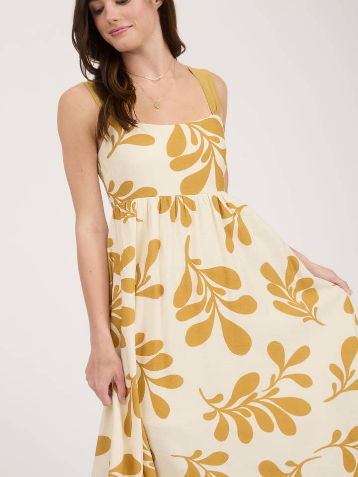 Blu Pepper - Wholesale Dress - Women's - LEAF PRINT BACK TIE STRAP EMPIRE WAIST MIDI DRESS