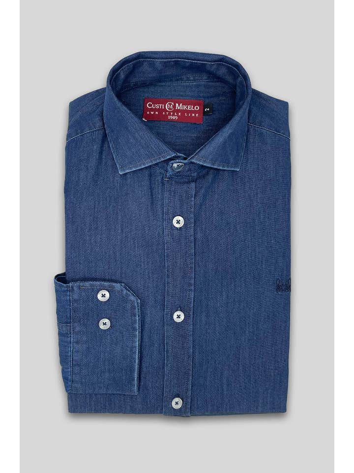 Custi Mikelo: Men's Clothing & Christmas Gifts - Vente Chemise à col boutonné – homme - Chemise de sport en jean bleu foncé2