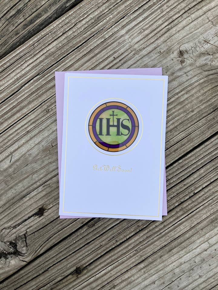 Get well sun-catcher greeting card, Catholic monogram for wholesale by Bright Greetings