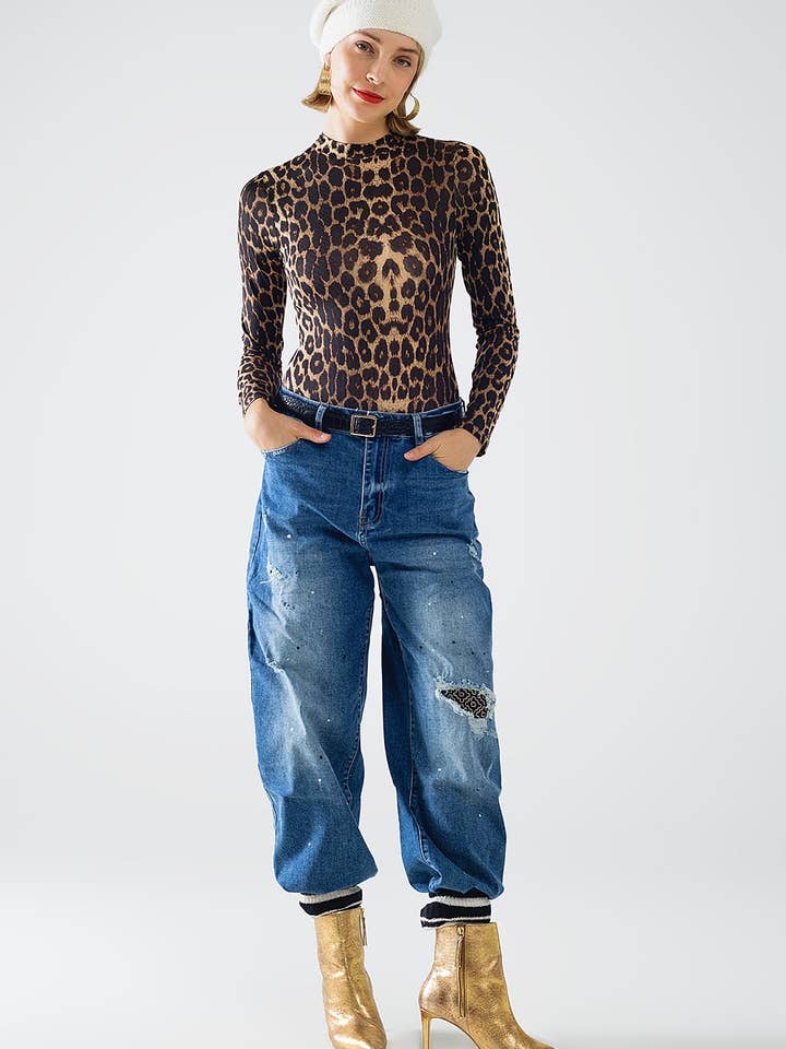 Marrone Body aderente in lycra con stampa leopardata e maniche lunghe in vendita all'ingrosso su Faire2