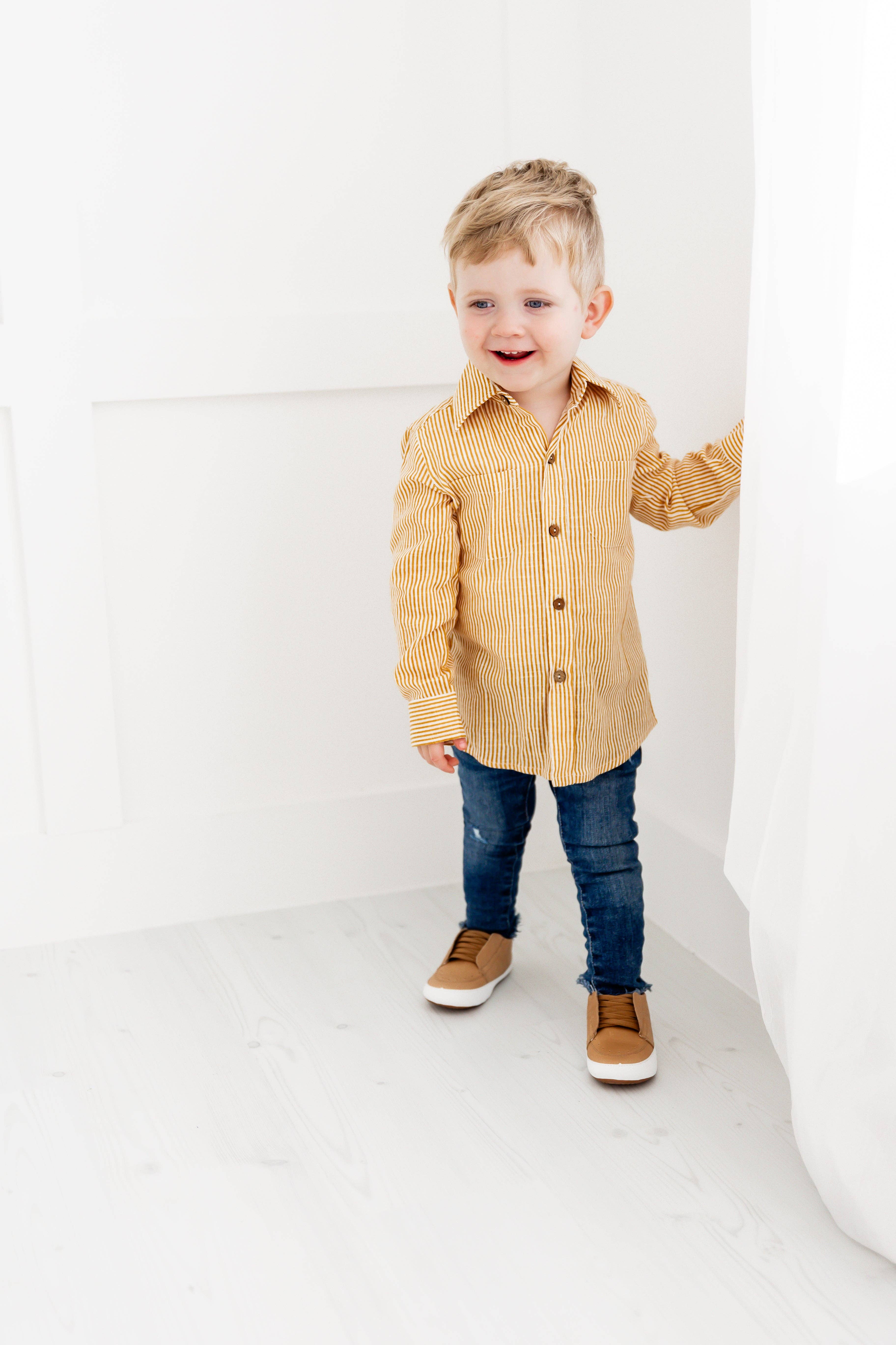 Yo Baby - Wholesale Button Down Shirt - Kids - Mustard Stripes Printed Boys Shirts6