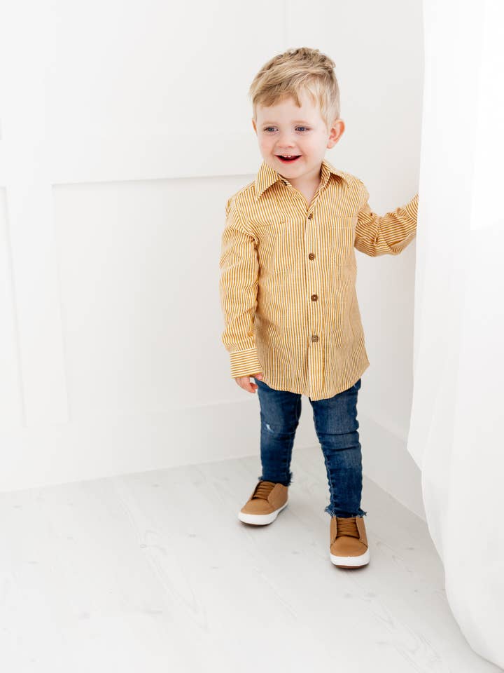 Yo Baby - Wholesale Button Down Shirt - Kids - Mustard Stripes Printed Boys Shirts6