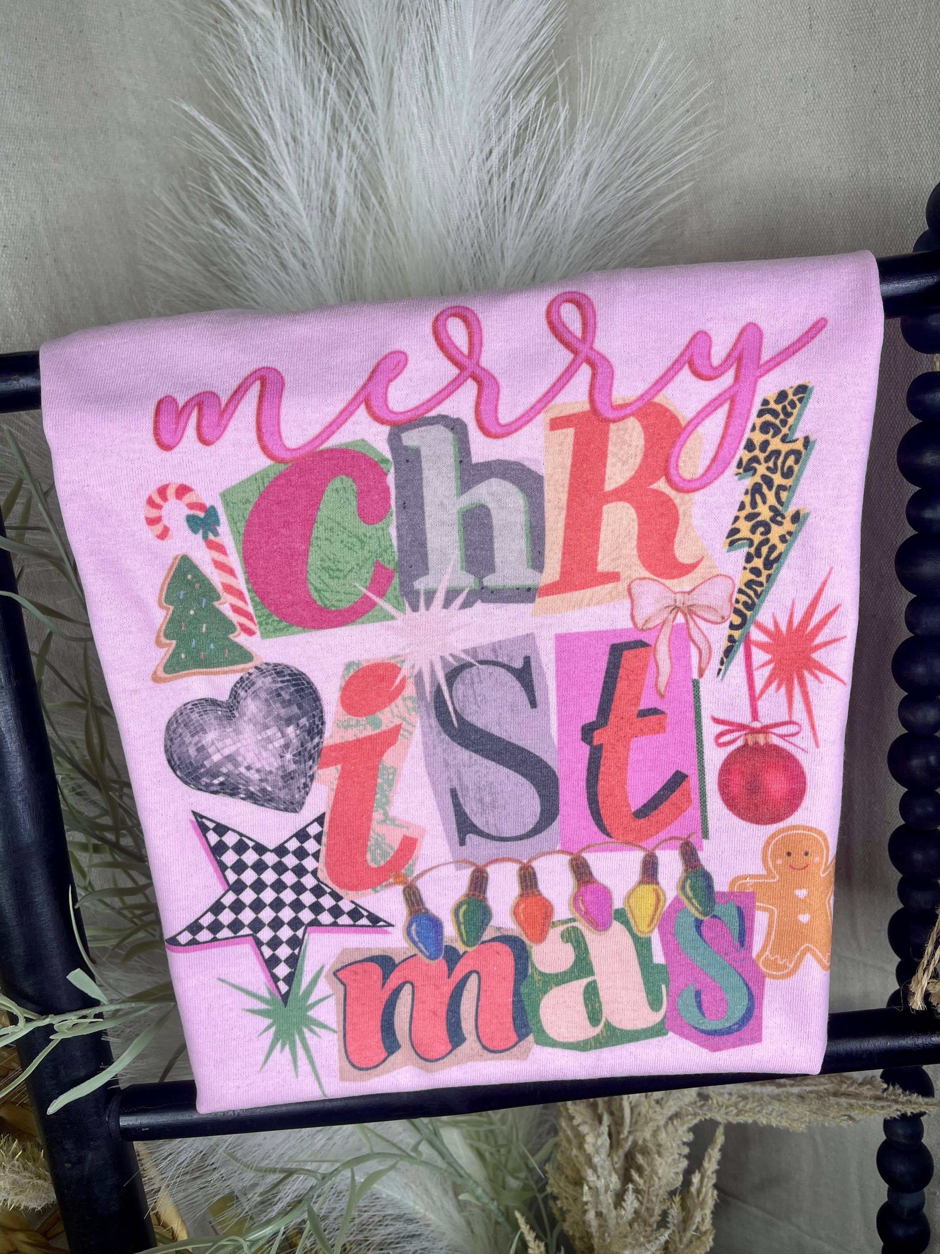 Pink Colorful Merry Christmas (Gildan Tee) for wholesale on Faire