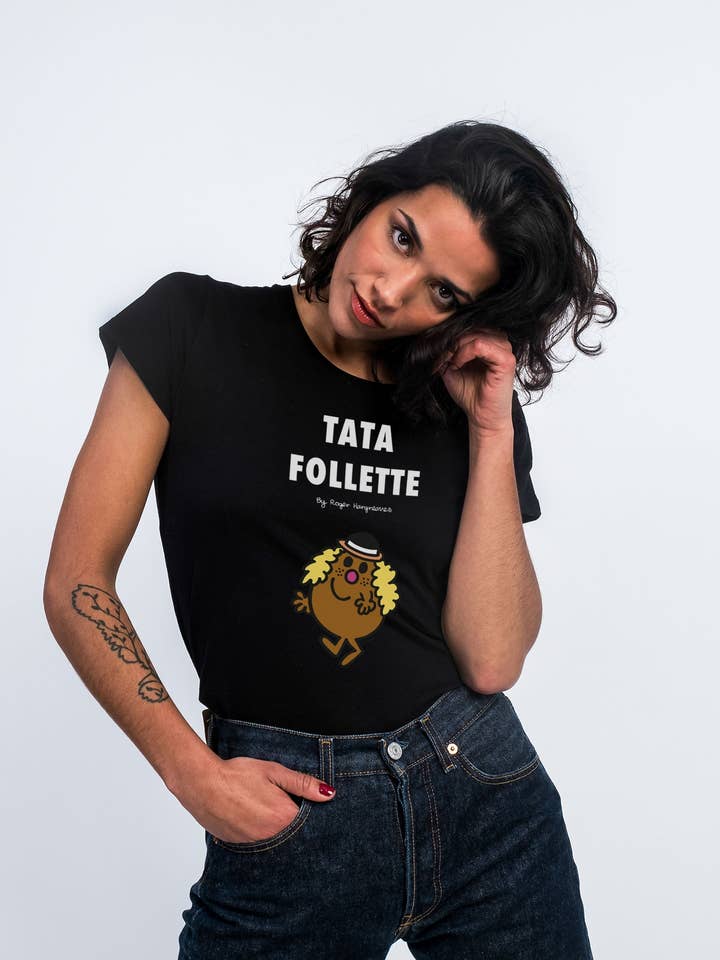 MAGLIETTA NERA DONNA TATA FOLETTE 2 per la vendita all'ingrosso da parte di Le Roi du T-shirt