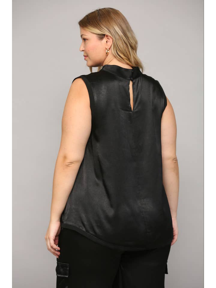 BLACK SLVL SATIN TOP WITH RIBBED TRIM FT3177P for wholesale on Faire