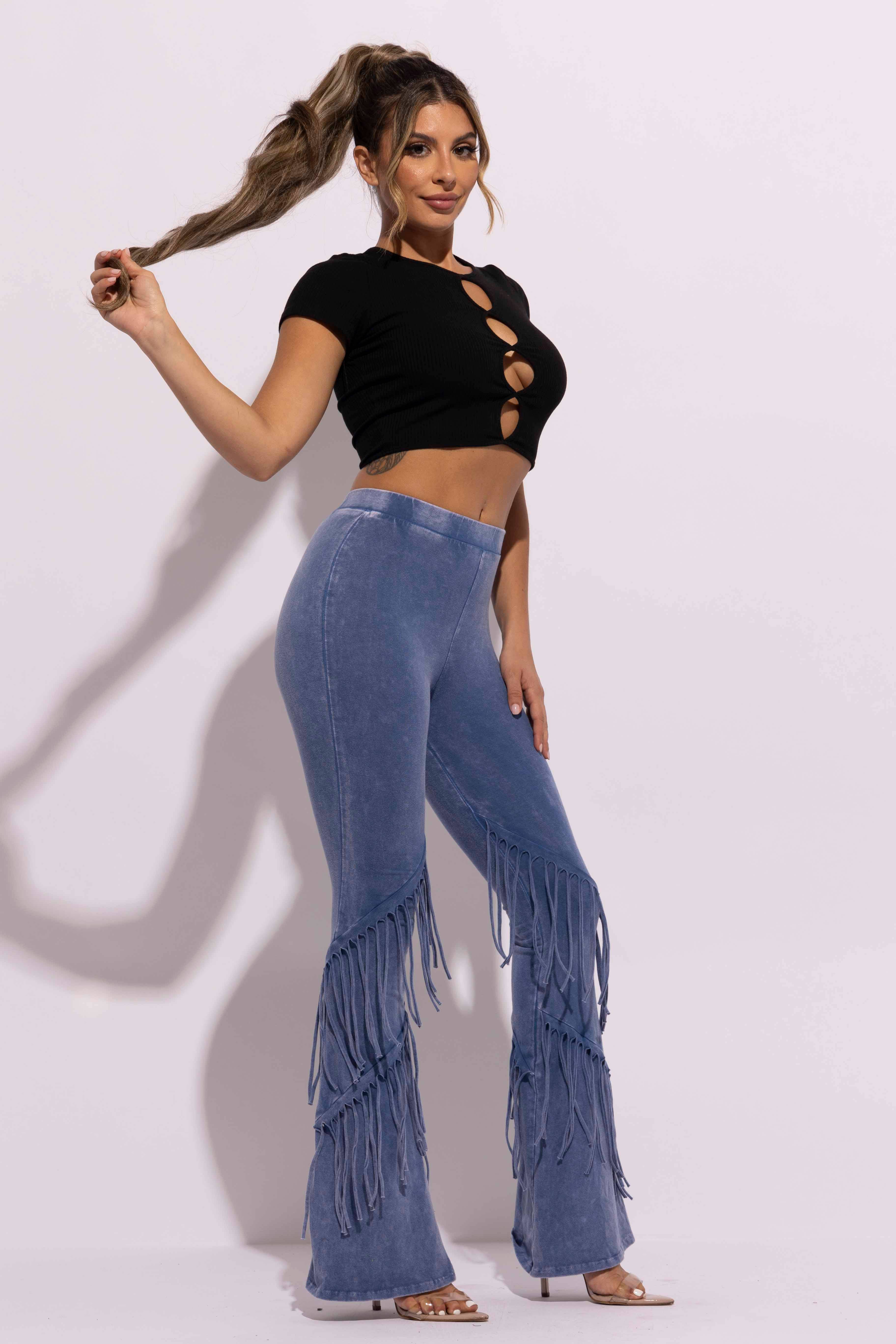 K Too - Wholesale Broek - Dames - Met mineralen gewassen flare-broek met franjes6