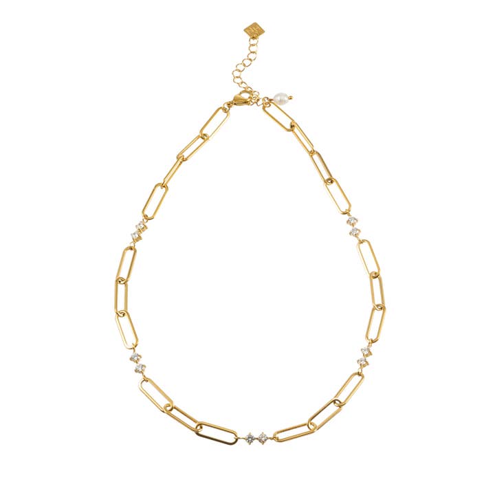 ELOPPINA Gold: Paper Clip Chain with Zirconia Accents & Freshwater Pearl Charm for wholesale by HACKNEY NINE