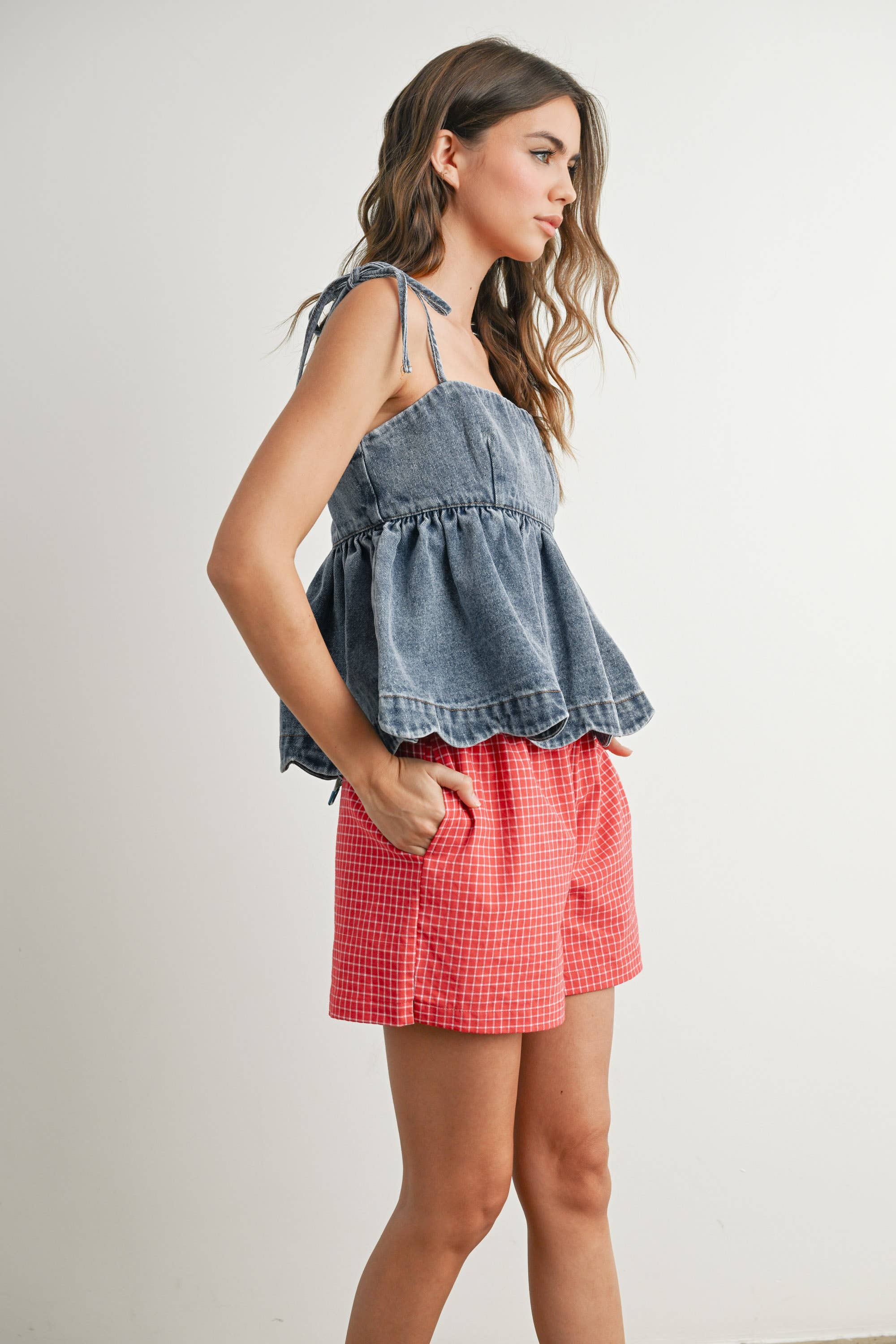 BUTTERMELON - Wholesale Blouse - Women's - Denim Tie-Strap Peplum Top - BMT7722 18