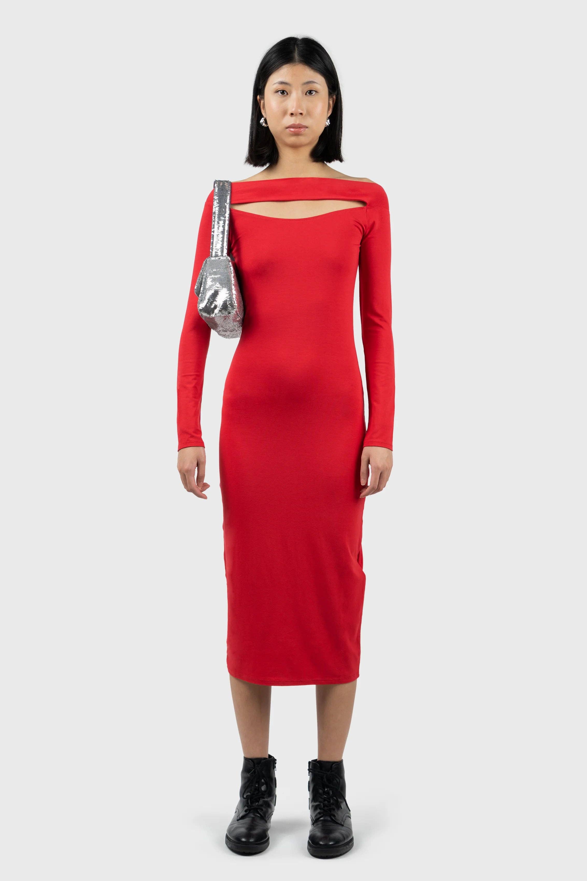 Red Cut Out Detail Long Sleeve Midi Dress for wholesale on Faire1