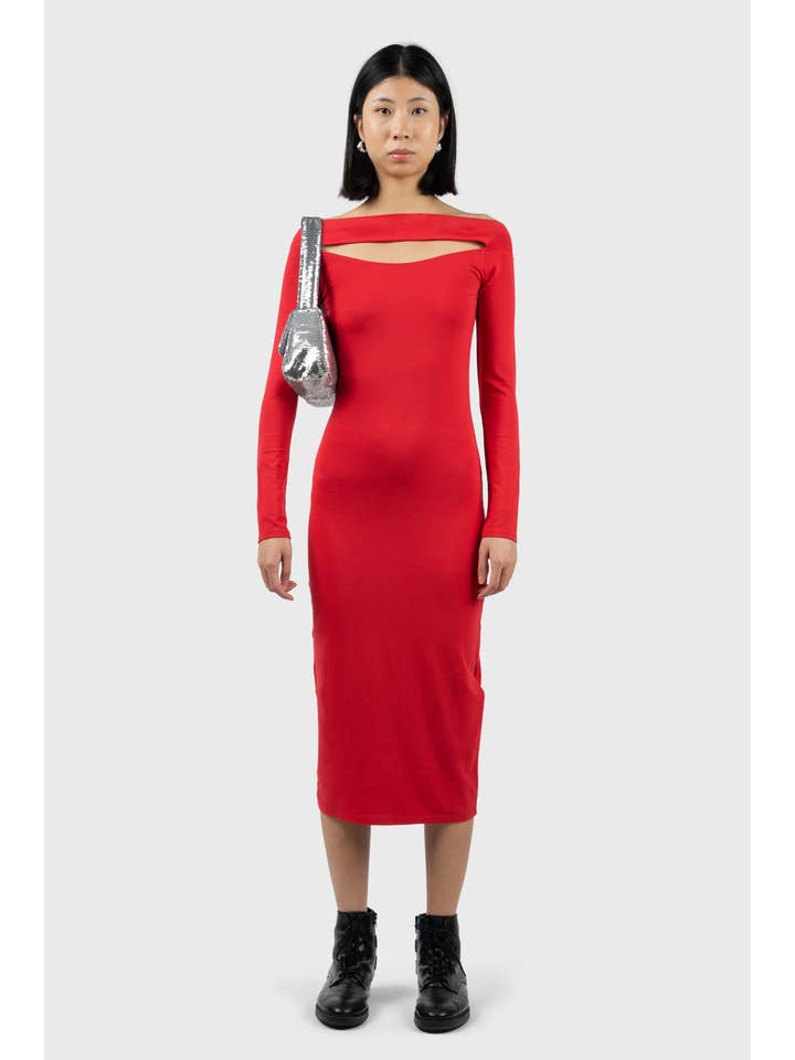 Red Cut Out Detail Long Sleeve Midi Dress for wholesale on Faire1