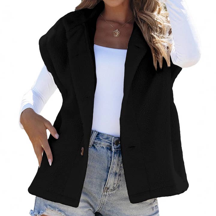 GILET EN PELUCHE À BOUTONNAGE SIMPLE DÉCONTRACTÉ DE COULEUR UNIE pour la vente par Lily Clothing