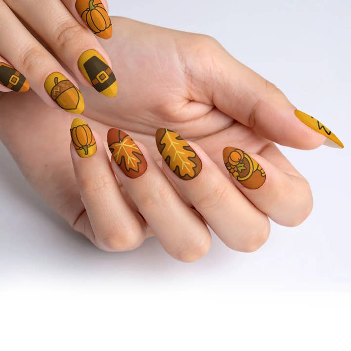 Golden Harvest Gleam Thanksgiving Press-On Nails for wholesale by FYNE BODY