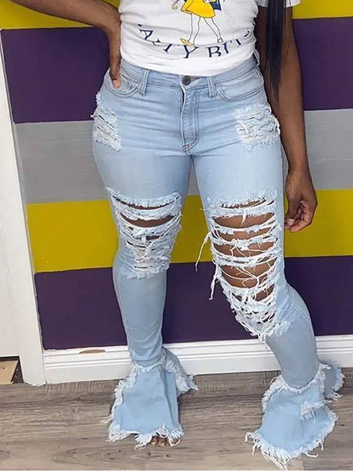 Flarix - Wholesale Jeans - Women's - ripped bell bottom fringe hem denim pants2