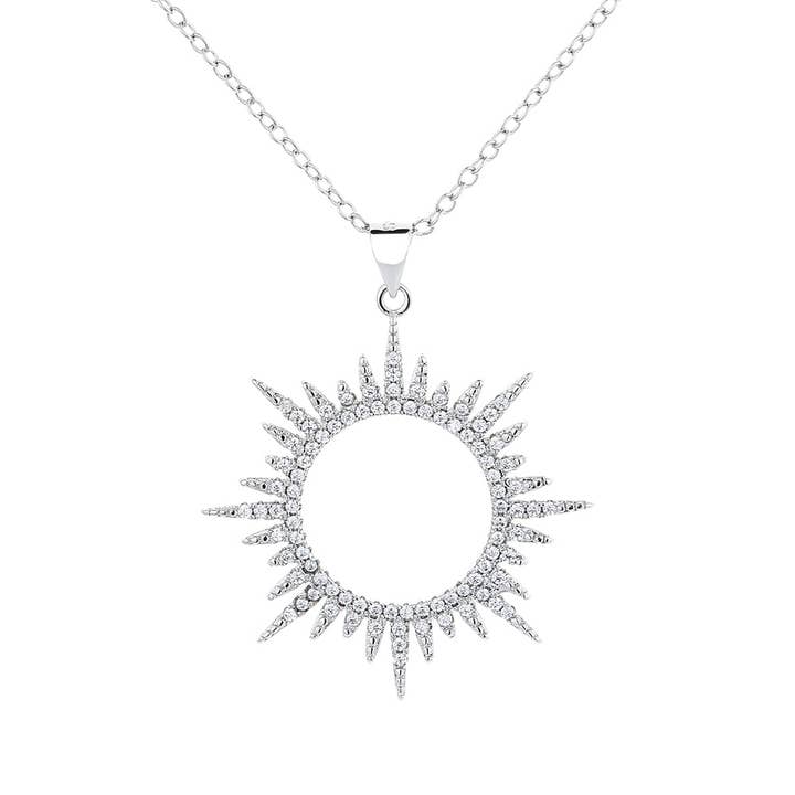 14K Gold and Sterling Silver Sunburst Pendant Necklace with crystals for wholesale by Amy and Annette