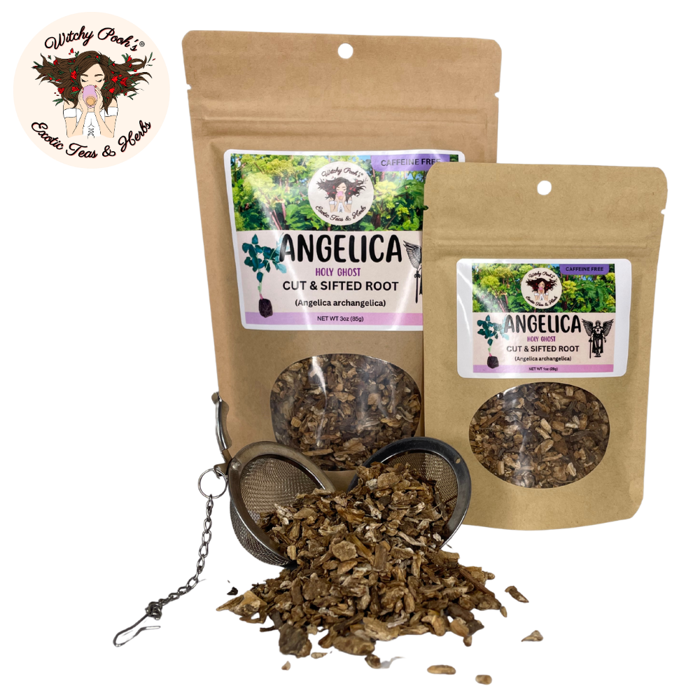 Witchy Pooh's Exotic Teas & Herbs – Chá solto por atacado – Chá de Angélica da Bruxa Pooh - Raiz Cortada e Peneirada, Espírito Santo10