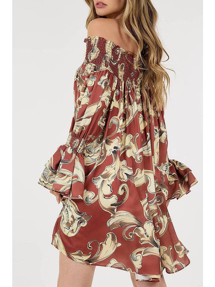 Brown MULTI PRINT BELL SLEEVE OFF SHOULDER DRESS for wholesale on Faire