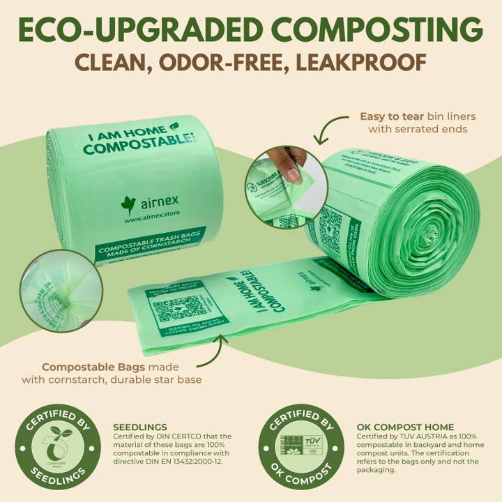 AIRNEX - Wholesale Trashcan/Trash Bin - Compostable Trash Bags 1.6 Gal - Box of 100 Compost Bin Bags
