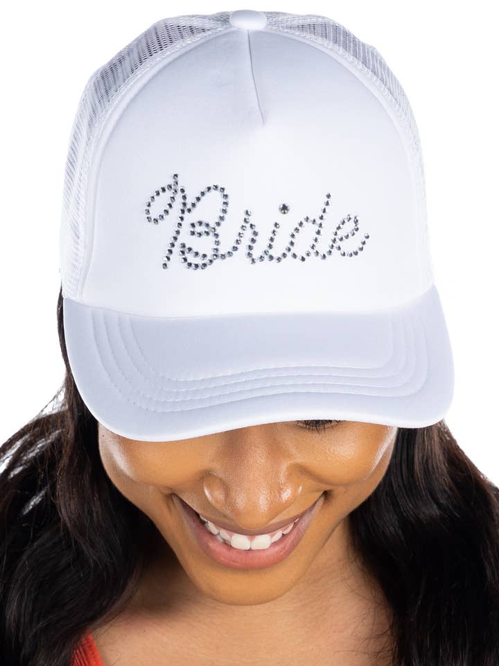 Rhinestone Foam Trucker Hat - Bride (White) for wholesale by Funky Junque