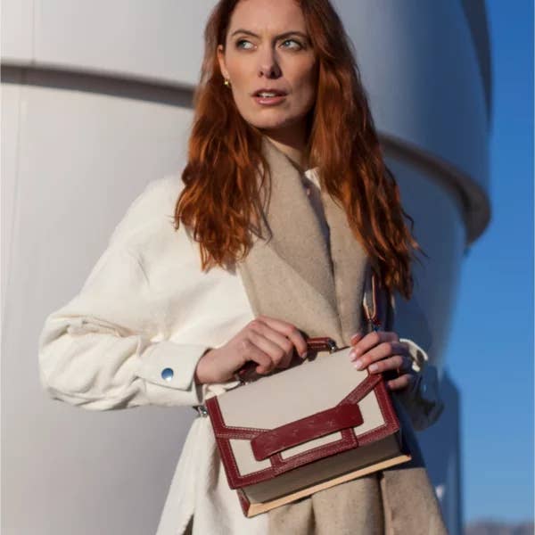 bordeaux Alca Burgundy Ostrich Leather And Linen Flap Bag for wholesale on Faire7