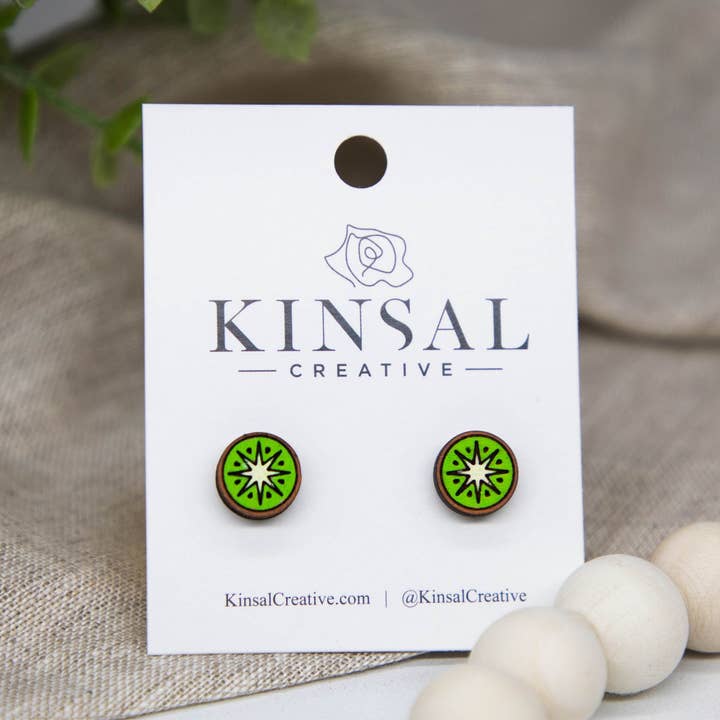 Kinsal Creative - Wholesale Stud/Post Earrings - Kiwi Slice Wood Stud Earrings