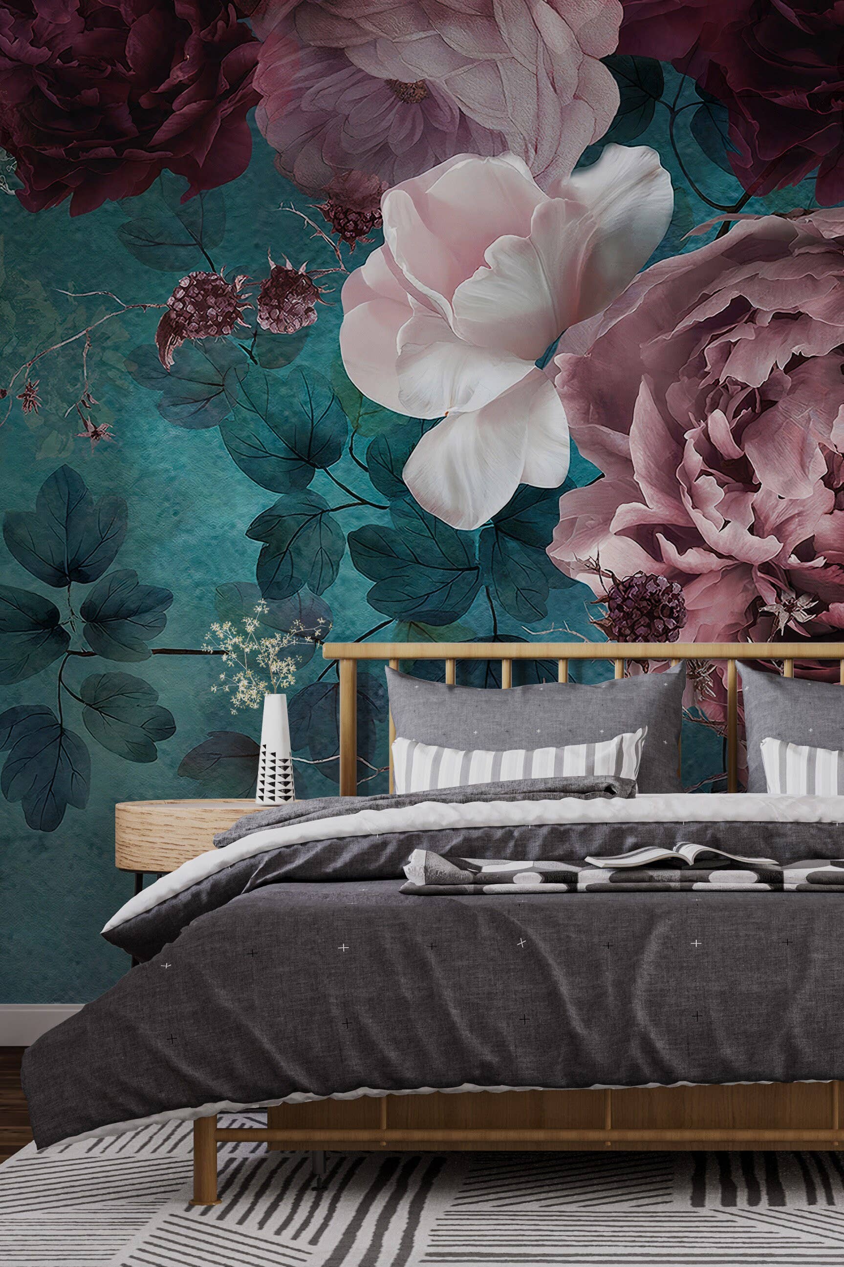 Muravie Wallposter - Vente Papier peint - Papier peint à thème de grandes roses et bleu - Fresque murale de fleurs pour le salon1