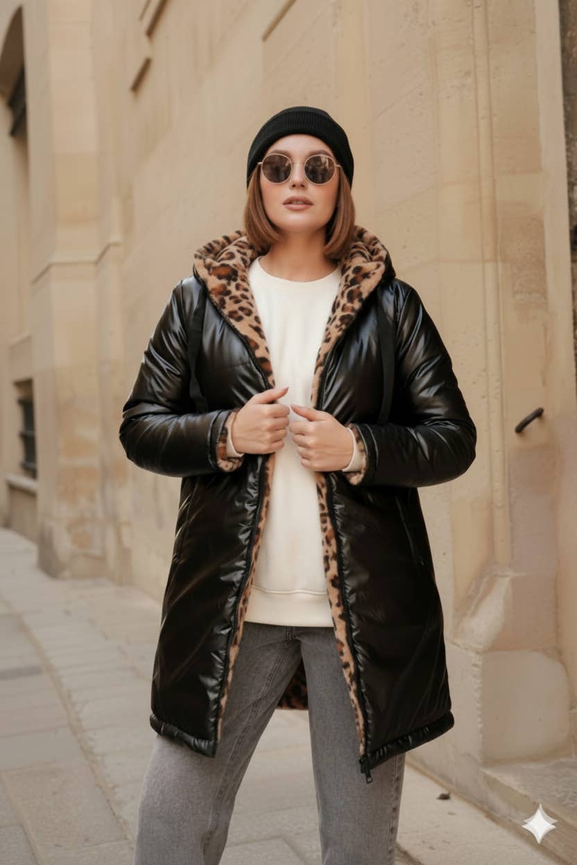 Attrait Paris - Wholesale Fur/Faux Fur Coat - Women's - Mid-length reversible leopard fur coat PLUS SIZES