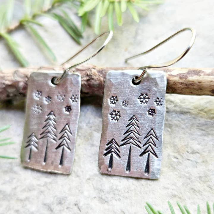 Kathryn's Collection - Wholesale Dangle Earrings - Winter Pine Tree Earrings, Christmas, Hand-Stamped Pewter4