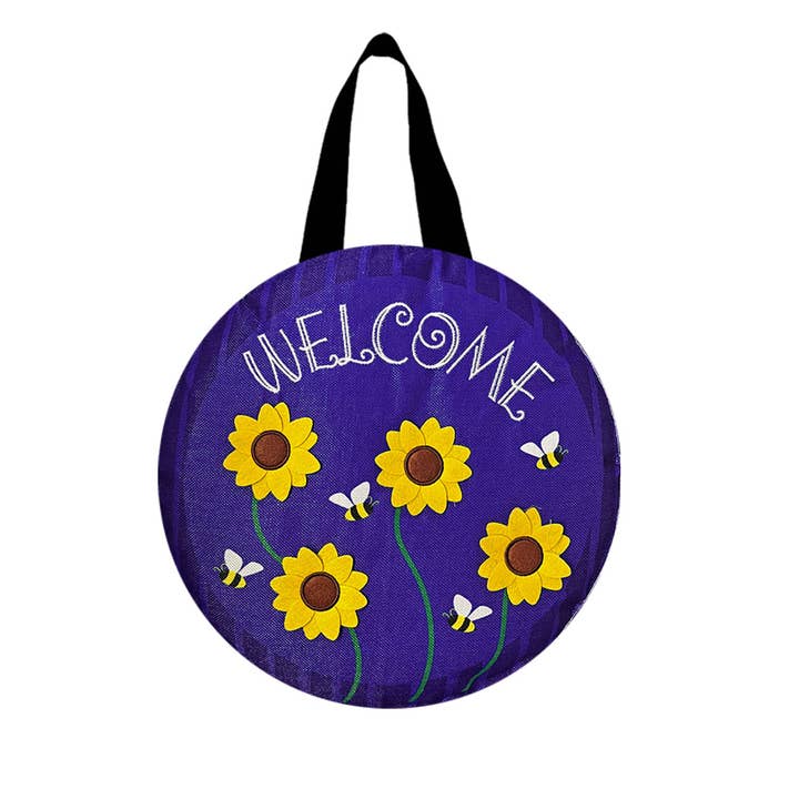 Sunflowers and Bees Spring Burlap Door Hanger 18" x 12" for wholesale by Briarwood Lane