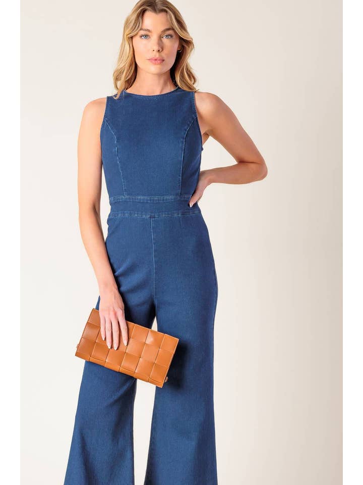 MEDIUM INDIGO A washed stretch denim jumpsuit - IP8725-A for wholesale on Faire