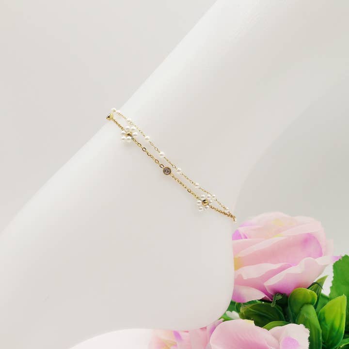 Daemon srls - Wholesale Charm/Dangle Bracelet - DAISY PEARLS ~ ACCIAIO INOSSIDABILE ~ Cavigliera con fiori, zirconi e perline