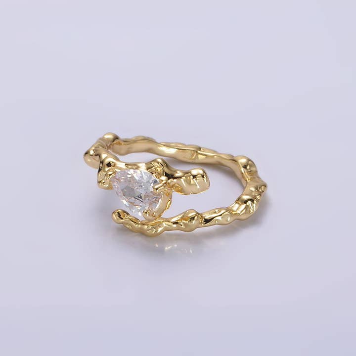 Gold Clear CZ Teardrop Molten Drip Open Ring ✦ RI-21O0603 for wholesale by Simply Jewels