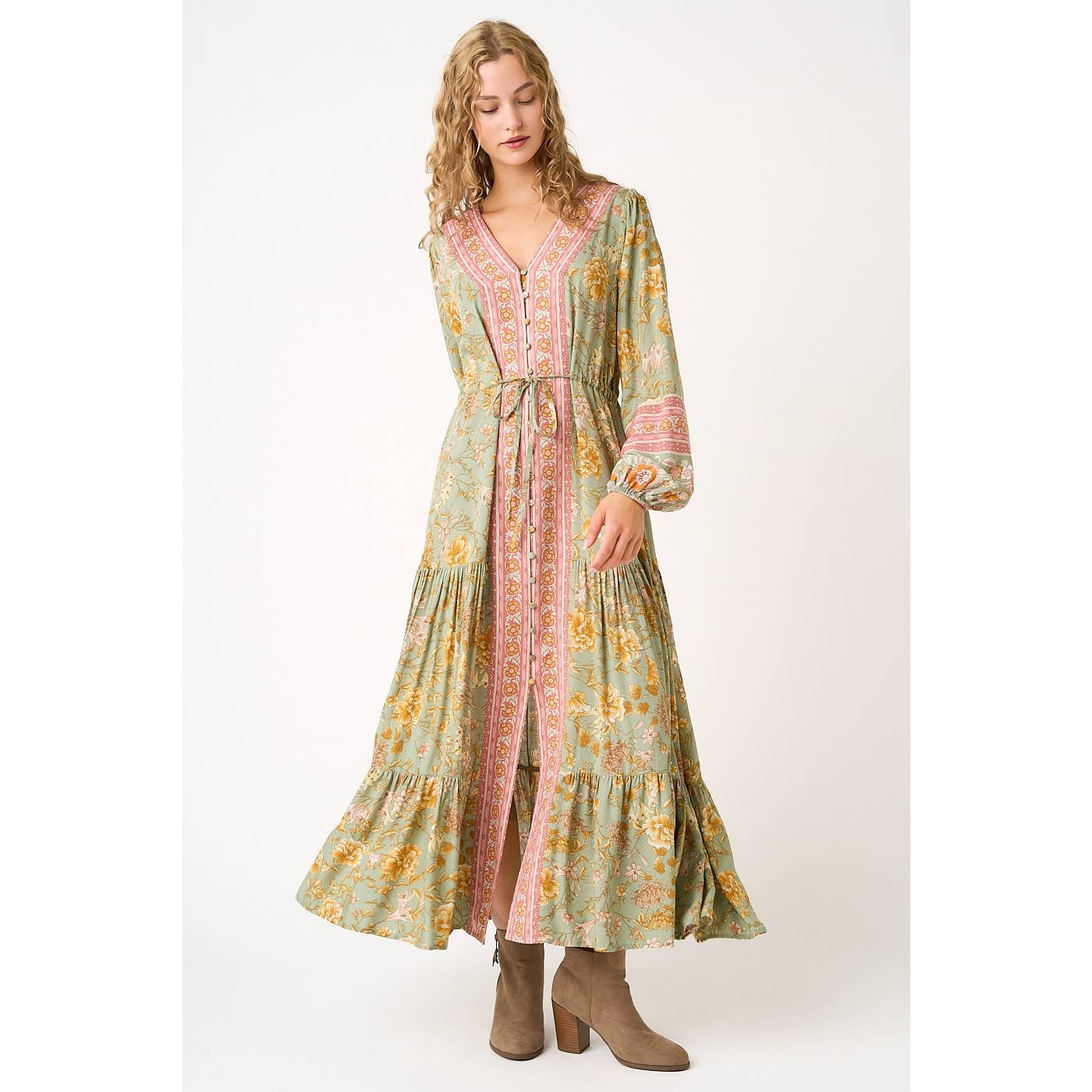 SAGE BOHO FLOWER BORDER PRINT LONG SLEEVE MAXI DRESS for wholesale on Faire7