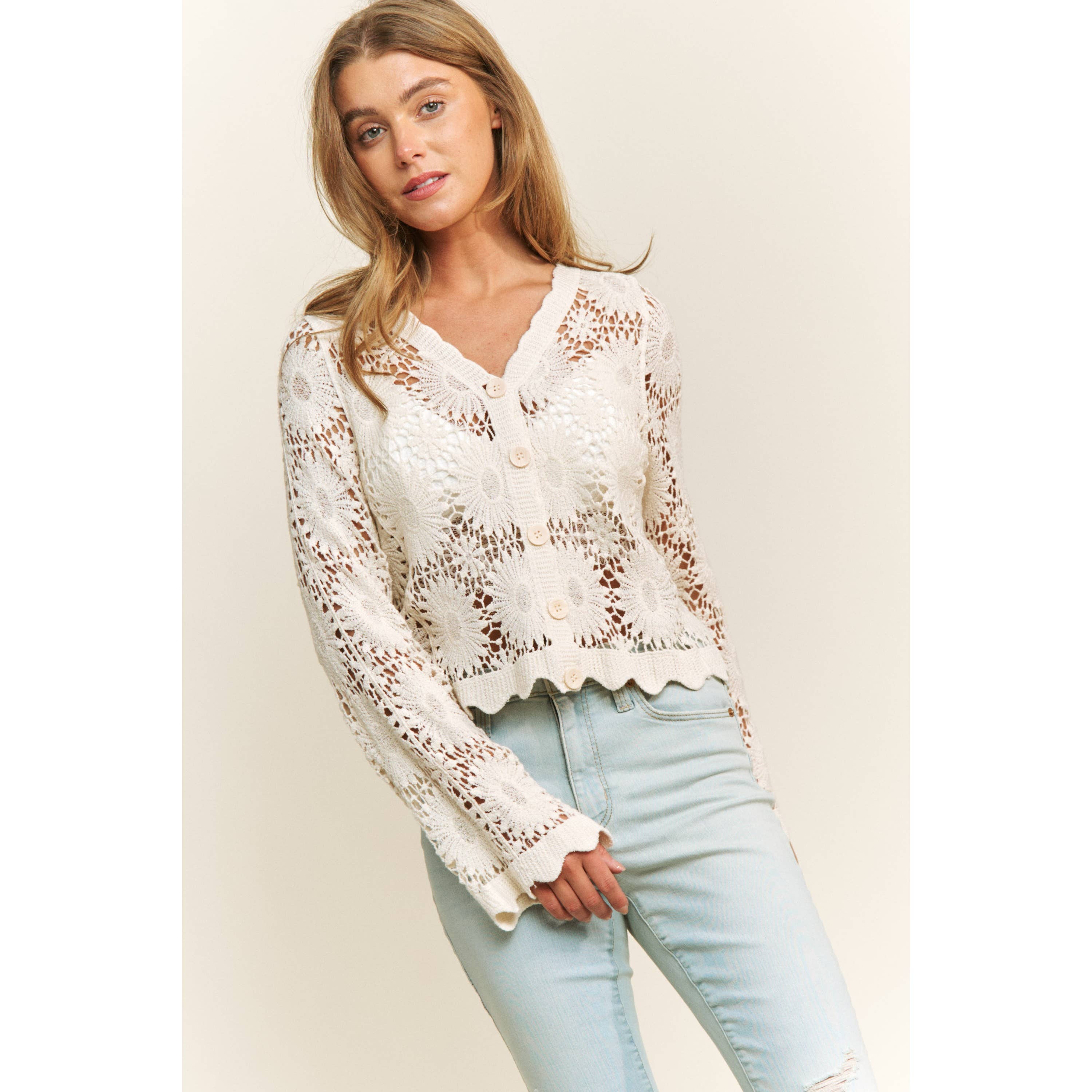Sweet Generis - Wholesale Lounge Top - Women's - SCALLOP LACE FLORAL CROCHET BUTTON DOWN TOP8