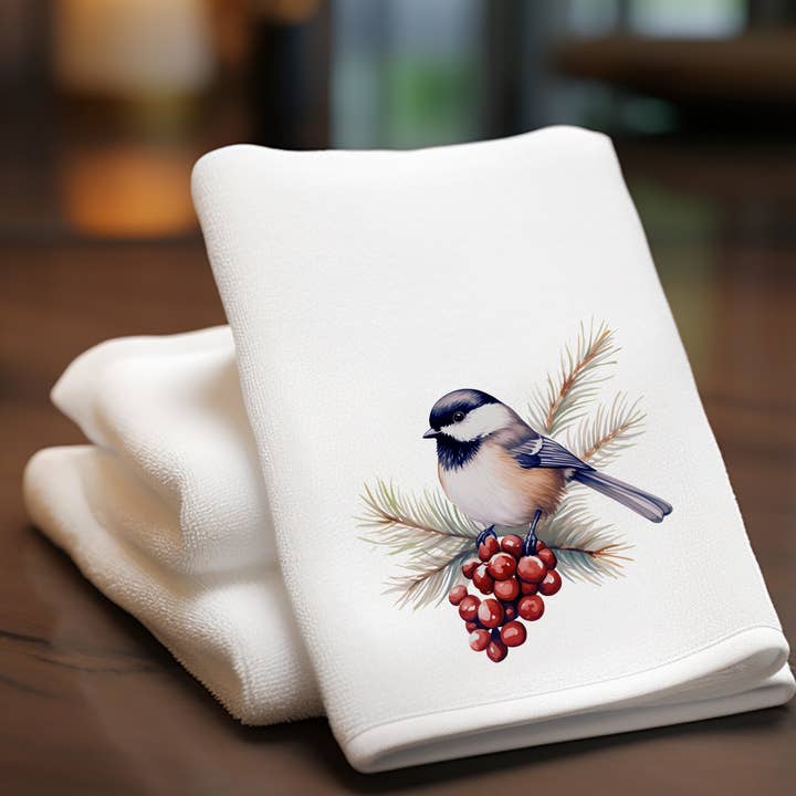 Fernville Creations - Wholesale Tea Towel - Elegant Chickadee & Greens Polyester/Cotton Fingertip Towel