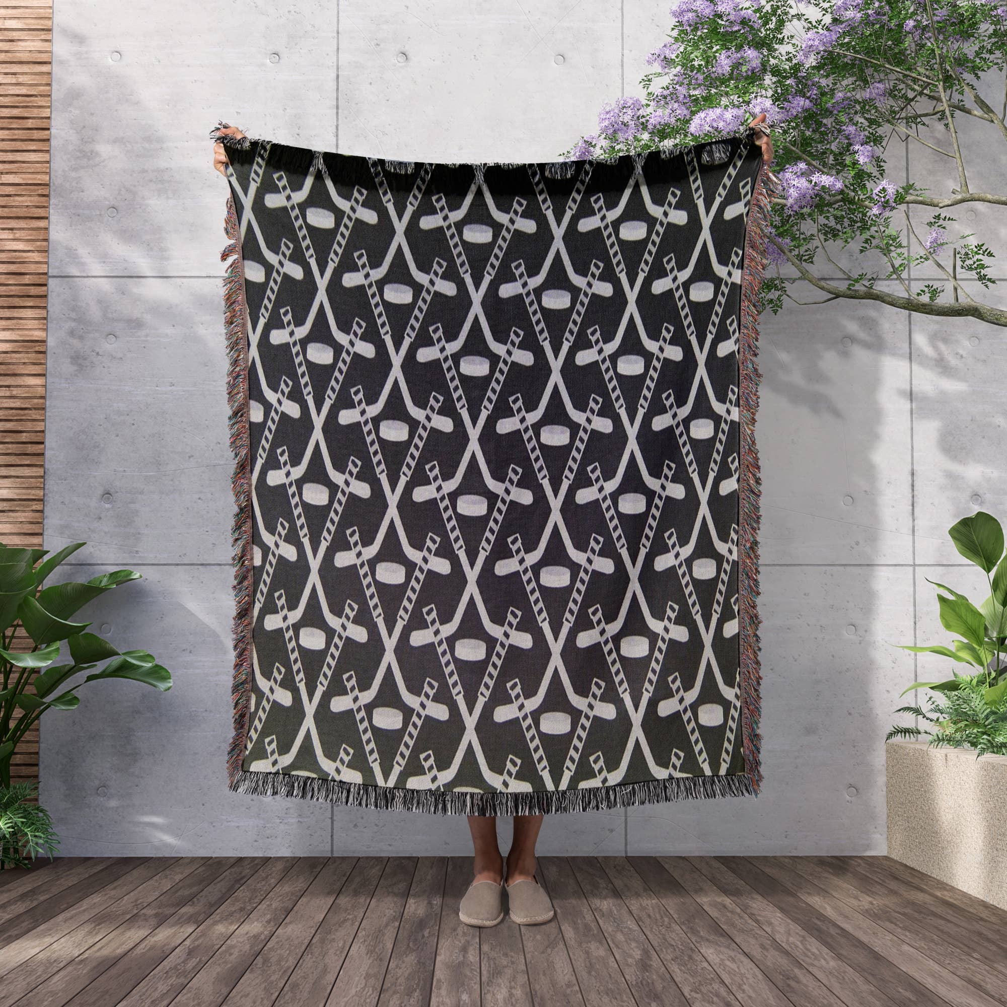 3dRose – Engroshandel Tæppe – 3dRose, Hvide Hockey Stave På Sort, Tæppe2