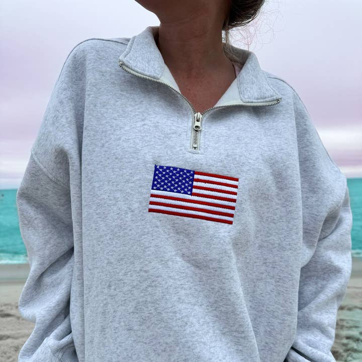 Pearl Grey Vintage American Flag Quarter-Zip Sweatshirt for wholesale by Sunkissed Coconut