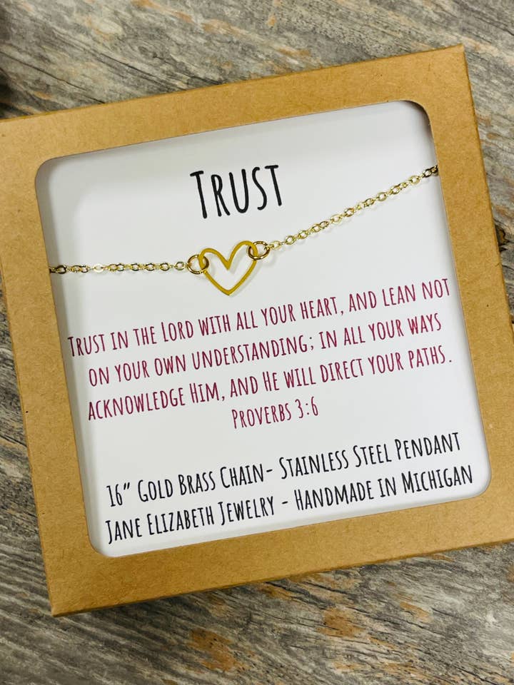 Christian Affirmation Gift, Gold Heart Necklace, Trust for wholesale by Jane Elizabeth Jewelry