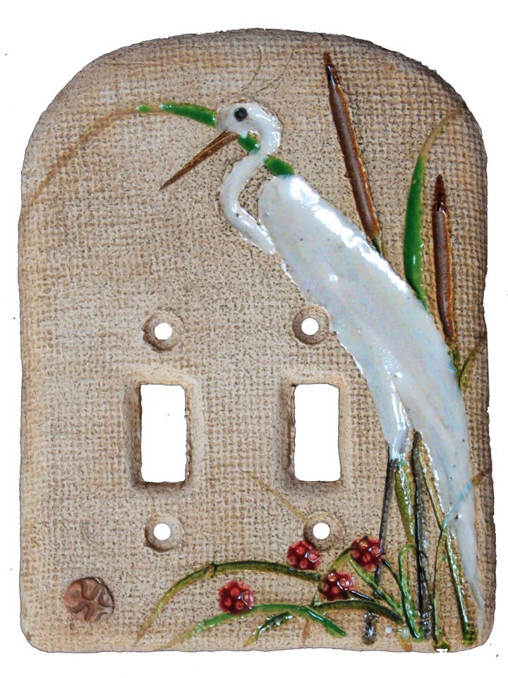 Egret Ceramic Double Switch Plate Cover for wholesale by Mad Monk Art