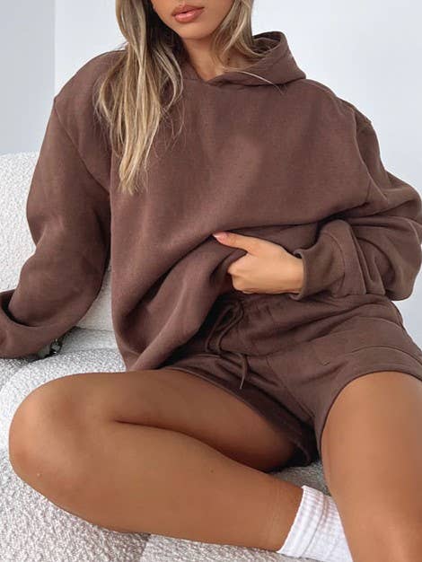 basic loose hoodie & drawstring short 2 piece set for wholesale by Rosa Clothing