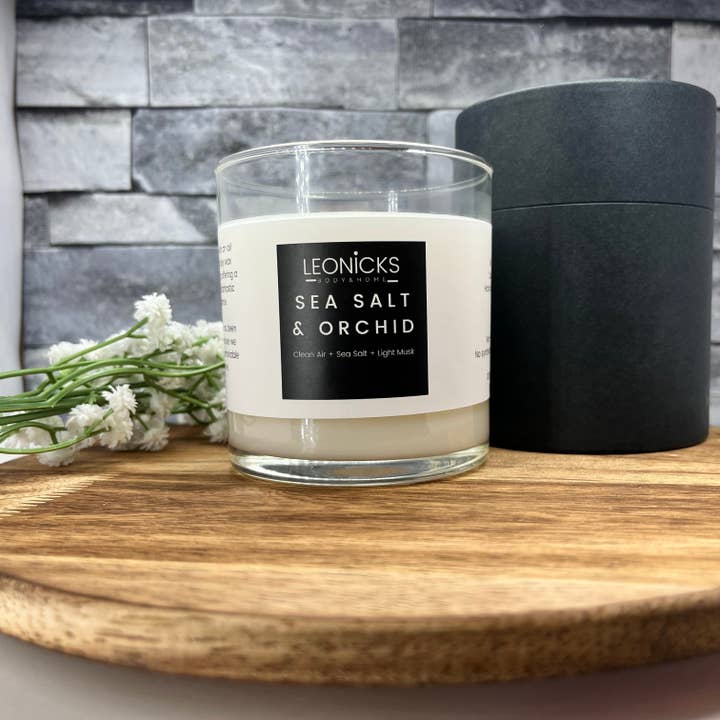 Sea Salt & Orchid Wood Wick Candles for wholesale by Leonicks LLC