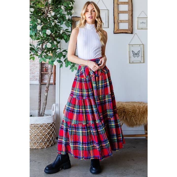 Oli&Hali - Wholesale Skirt - Women's - MINERAL WASHED PLAID TIERED MAXI SKIRT