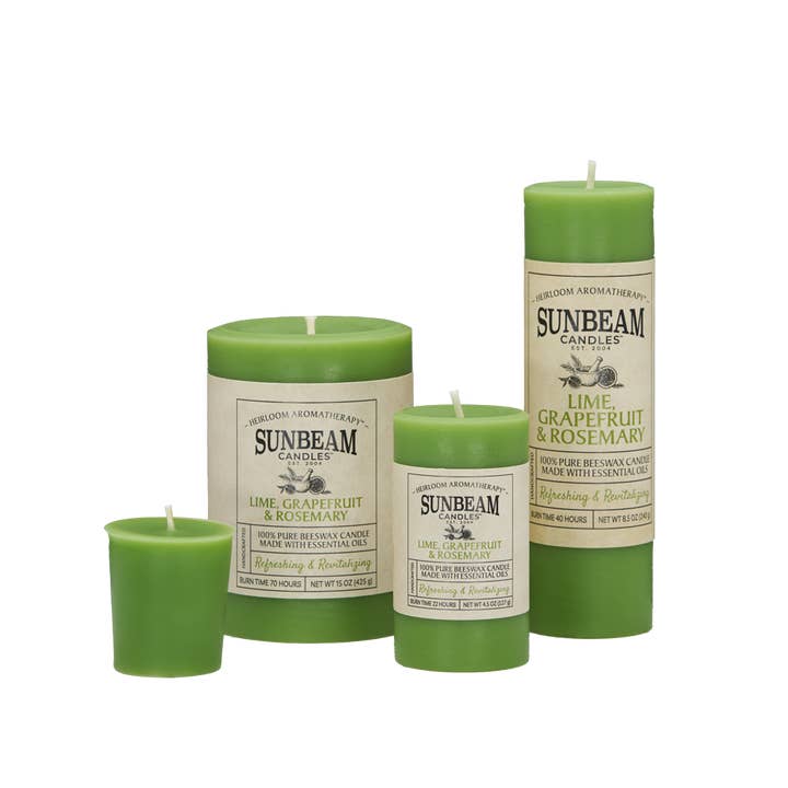 Beeswax Lime, Grapefruit & Rosemary Pillars for wholesale by Sunbeam Candles, Inc
