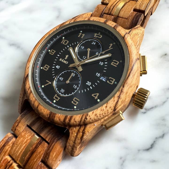 Orologio in legno ALEXANDER Nero - zebrato per la vendita all'ingrosso da parte di BOTTEGA SMERALDA