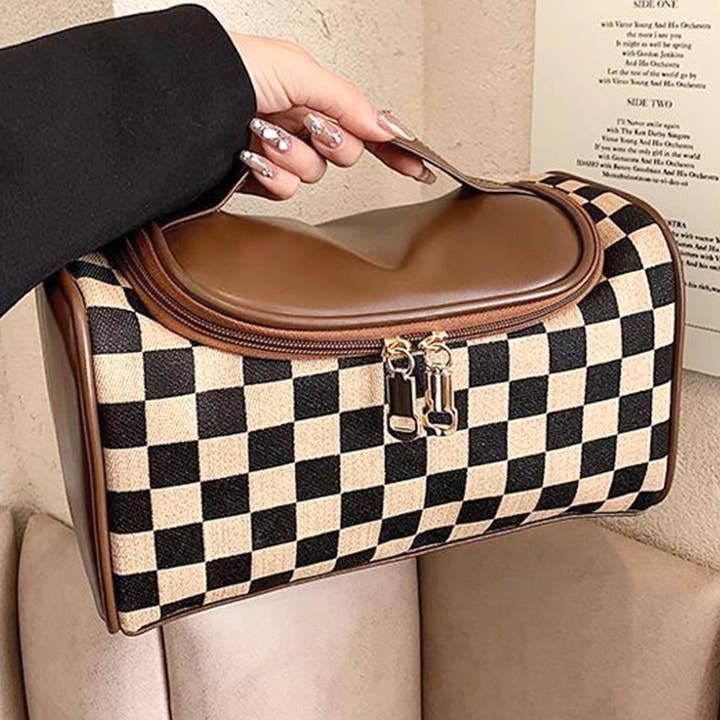 Checkered Makeup Bag Handle Travel Toiletry Bag for wholesale by MKS America