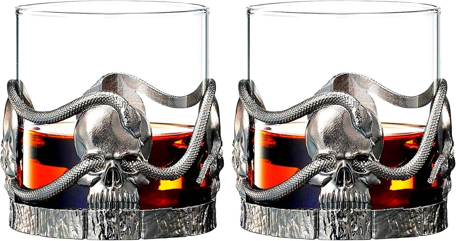The Wine Savant /  Khen Glassware – wholesale Cocktail/liquor glass – Skull & Snakes Pewter Whiskey Drinking Glass, Set of 20