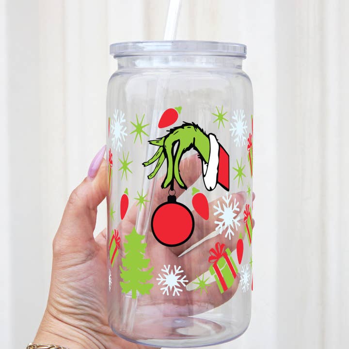 Sip-Sip Hooray! - Wholesale Drinking glass/cup - Christmas Hand With Ornament Glass Can Cup With Lid and Straw3